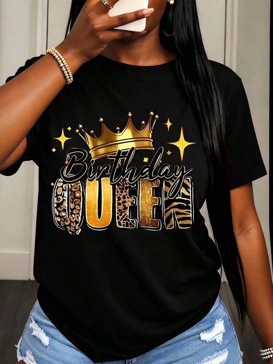 Camiseta Casual para Mujer con Estampado de Corona de Reina, Leopardo y Cebra para Celebración de Cumpleaños - Negro - Ver 1