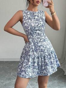 New Women's Dress, Floral Print, Round Neck, Sleeveless, Invisible Zipper At The Back, Fitted Waist, A-Line Silhouette, Elegant And Flattering Design, Perfect For Daytime Looks, Office, Dates And Casual Occasions - 藍色 - 查看 4