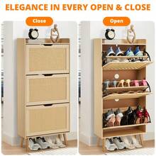 Zapatero estrecho para recibidor - Cajones abatibles con detalle de ratán - Diseño antivuelco - Almacenaje para 12-20 pares de zapatos - MDF duradero - Ventilación efectiva - Ideal para entrada - Negro - Ver 2