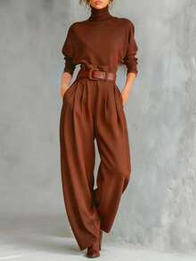 New Women's Best-Selling 2-Piece Set: High-Neck, Long-Sleeved Top And High-Waisted, Wide-Leg Pants. Includes Belt. Flattering And Stylish Design, Perfect For Daytime Looks, Office, Dates, And Everyday Wear. - 深棕色(皮帶) - 查看 3
