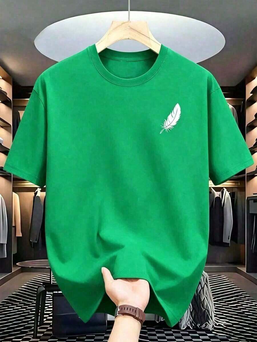 Elegante y nueva camiseta minimalista de alta calidad, casual, de manga corta, con estampado de plumas blancas, cuello redondo, mangas cortas, transpirable y duradera. Adecuado para uso diario, viajes y uso en el hogar. Ofrece comodidad, lavable a máquina, apto para todas las estaciones, pieza versátil, diseño minimalista, estilo clásico, tela de primera calidad, ajuste cómodo, ropa para adultos y moda urbana. Camiseta unisex de algodón suelta de manga corta y cuello redondo, estilo retro urbano y ecológico. - Verde - Ver 1