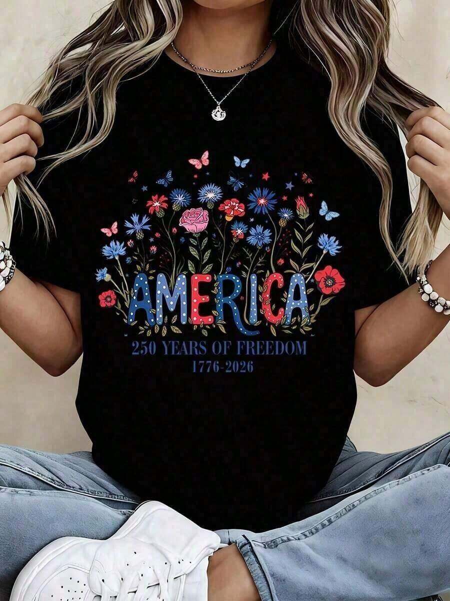 América 250 Años De Libertad 1776 2026 Camiseta Floral Patriótica Para Mujer Ropa De Celebración Del Día De La Independencia Top Blanco Y2Y-Prendas De Verano PYD1 Estética Y2K Camiseta De Manga Corta Con Estampado De Letras Para Mujer Ropa Fresca De Verano Para Mujer - Negro - Ver 1