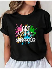 Camiseta de Cuello Redondo Estilo Pintor, Regalo Artístico 01, Top Casual de Cuello Redondo, Ropa Cómoda para Mujer, Blusas para Mujer Casual - Negro - Ver 7