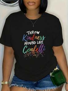 Ropa de mujer de talla grande, camiseta holgada de cuello redondo con estampado del eslogan "Difundiendo bondad como confeti" - diseño de letras de papel multicolor brillante, estilo casual y cómodo, adecuada para todas las estaciones, un regalo ideal para cumpleaños y uso diario - negra con texto multicolor (lavable a máquina) - top con diseño de energía positiva, diseño geométrico, corte casual, diseño de cuello redondo, adecuada para regalar, top de moda de talla grande, ajuste cómodo, fácil de cuidar, tela suave, ideal para los amantes del diseño de confeti. Top cómodo y versátil de manga corta. - Negro - Ver 6