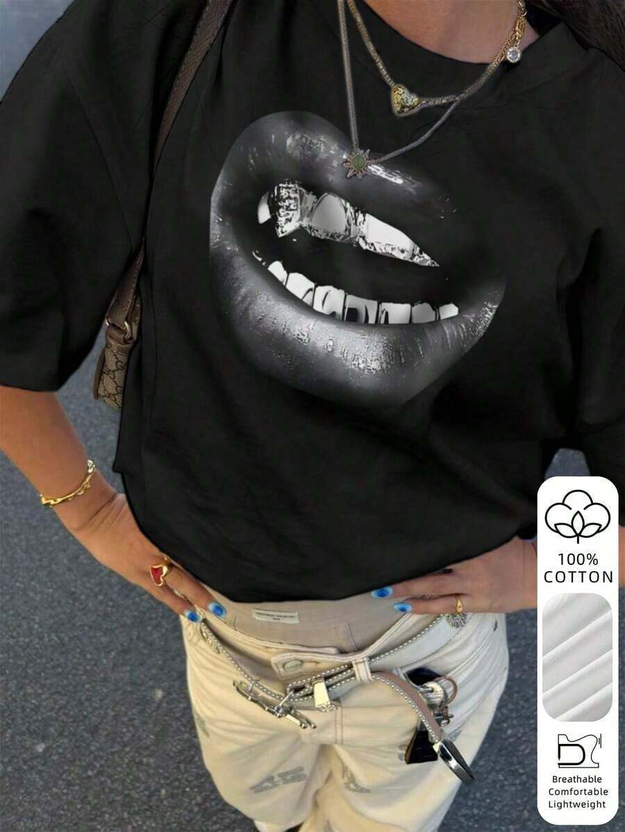 Camiseta holgada de algodón 100% pura con estampado de labios negros para mujer, top casual suave y transpirable, camiseta de manga corta estilo punk Y2K, adecuada para salidas diarias, festivales de música, citas y ropa casual urbana. Blanca, para uso diario en primavera y verano, transpirable. - Negro - Ver 1
