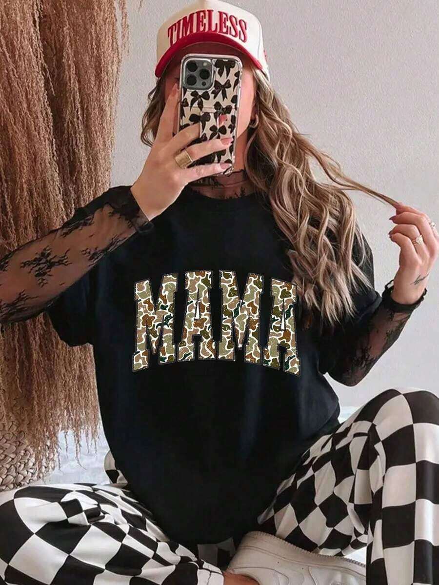 Women's Short-Sleeved T-Shirt With A Round Neck And Casual Print, A  Resort Style-Your Everyday Essential. Printed T-Shirt, Women's Tops, Summer Vacation. Mother's Day Gift Women's T-Shirts - 黑3 - 查看 1