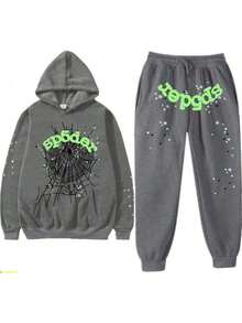 2-Piece Set, Sports Set, Casual Set,Y2K Men's Hooded Sweatshirt Sweatpants, Spider Web Pattern, Letter Print, Colorful Stars, Street Punk Style, Casual Fitted,Autumn, Winter, And Spring, Graphic Hoodie Casual Pants - Bộ vest màu xám - Xem 1