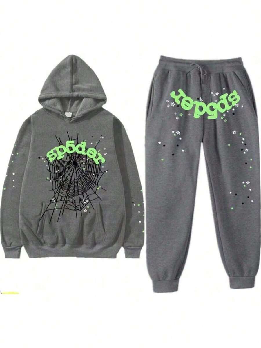 2-Piece Set, Sports Set, Casual Set,Y2K Men's Hooded Sweatshirt Sweatpants, Spider Web Pattern, Letter Print, Colorful Stars, Street Punk Style, Casual Fitted,Autumn, Winter, And Spring, Graphic Hoodie Casual Pants - Bộ vest màu xám - Xem 1