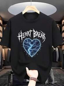 Men's T-Shirt, Men's Casual Summer Crew Neck T-Shirt, Slightly Stretchy Knit Fabric, Regular Fit, Broken Heart Print, Short Sleeve T-Shirt. - 黑色 - 查看 1