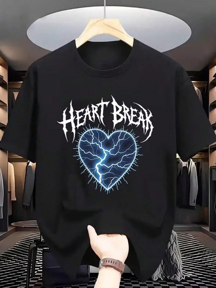 Men's T-Shirt, Men's Casual Summer Crew Neck T-Shirt, Slightly Stretchy Knit Fabric, Regular Fit, Broken Heart Print, Short Sleeve T-Shirt. - 黑色 - 查看 1