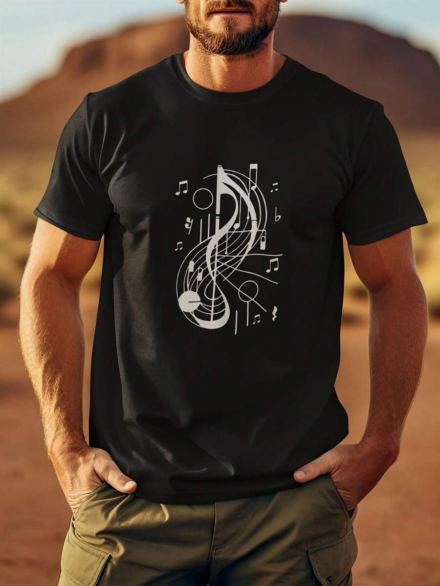 Men's Short-Sleeved T-Shirt With Musical Note Design - Comfortable And Breathable - Stylish And Easy To Wear - 黑色 - 查看 1