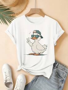 ¡Oferta por tiempo limitado, unidades limitadas,  relámpago! Camisas casuales para mujer, camisetas de poliéster para mujer, camisas elegantes.Nuevo estilo de verano 2026, camiseta con divertido estampado de pato a la moda, ropa bonita, elegante y casual de estilo coreano para primavera y verano - Blanco - Ver 7