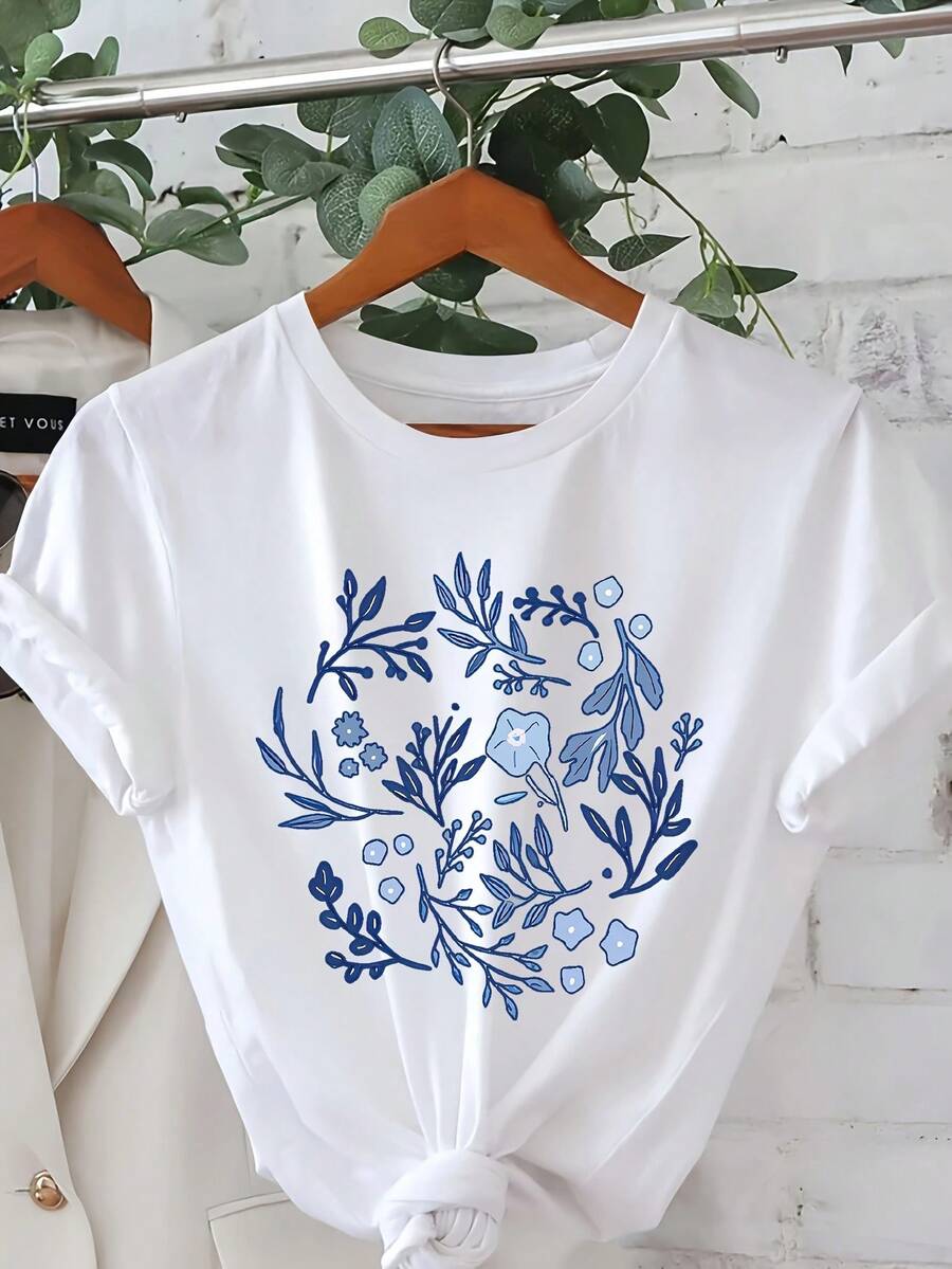 100% Pure Cotton, Women's T-Shirt. Casual Short-Sleeved T-Shirt With A Botanical Floral Print, Round Neck, And Graphic Design. Ideal For Spring And Winter. Stylish Women's Clothing! - 白色 - 查看 1