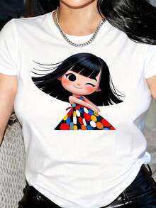 Camiseta de Mujer con Estampado de Dibujos Animados - Rosa Suave, Cuello Redondo, Diseño Casual con Pelo Negro y Vestido de Lunares Coloridos, Cómoda para Usar en Todas las Temporadas, Perfecta para Atuendos Casuales o Fiestas de Disfraces, Camiseta con Gráficos Divertidos. Adecuado como regalo.playera de mujer.blusas>elegante.boho chic,Top de mujer suave, transpirable y cómodo, ideal para primavera, verano y otoño, perfecto para vacaciones, viajes y uso diario. - Blanco - Ver 6