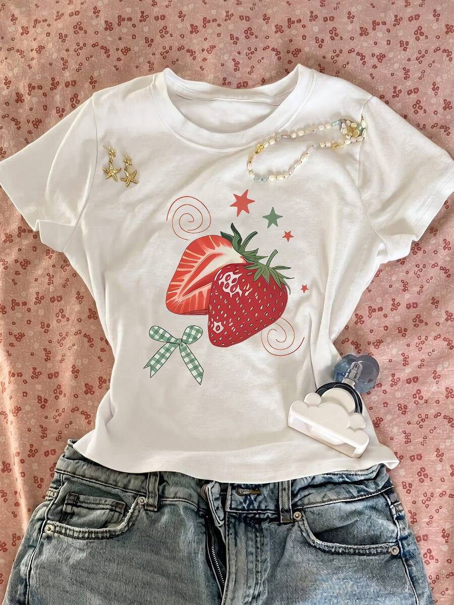 Women's Strawberry Bow Print Short Sleeve Cropped Top Set, Elegant Cute Fitted Casual Blouse, Round Neck Daily Wear White Summer - White - View 1