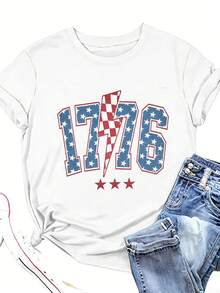 Camiseta estampada para mujer con diseño de bandera estadounidense a cuadros "1776 Patriotic Lightning" para el 250º aniversario de los Estados Unidos, camiseta patriótica estadounidense 1776-2026, top casual de manga corta y cuello redondo, adecuada tanto para primavera como para verano, ideal como regalo de cumpleaños o para las fiestas, camiseta casual para ir al trabajo, top minimalista estampado de manga corta para oficina y otoño, 100% algodón. - Blanco - Ver 3