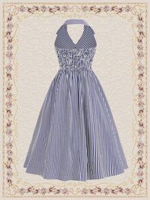Vestido de vacaciones con cuello halter de rayas vintage para primavera y verano, vestido de pascua, vestido de playa, vestido azul, vestido largo, vestidos de mujer elegantes para fiestas de verano, vacaciones y cumpleaños - Azul marino - Ver 2