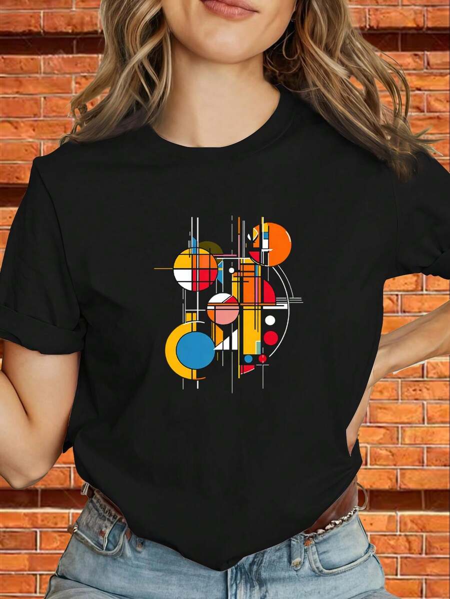 Limited Time Offer, Limited Quantities, Flash ! Women's Casual Shirts, Women's Polyester T-Shirts, Elegant Shirts. Women's Loose-Fitting T-Shirt With A Geometric, Colorful, And Abstract Modern Art Design: Loose-Fitting Short-Sleeve Top, Casual Summer Shirt In Black And Gold, Machine-Washable Stretch Fabric. - 黑色 - 查看 1
