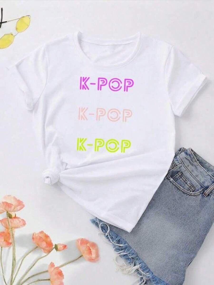 K-POP Women's Fashion Printed Round Neck Short Sleeve T-Shirt, 1pc, Casual And Comfortable For Daily Wear, Your Perfect ChoicePlayeras De Mujer Algodon Blusas Frescas Para El Calor Blusas Dama Playeras De Dama Playeras Mujer Blusa Blanca Playeras Basicas De Mujer Blusas Oversize Para Dama Playeras Oversize De Mujer  Y2k Mujer Verano Camisetas De Mujer Algodón Playeras Para Mujer Blusas Casuales Para Dama Envio Nacional - Blanco - Ver 1