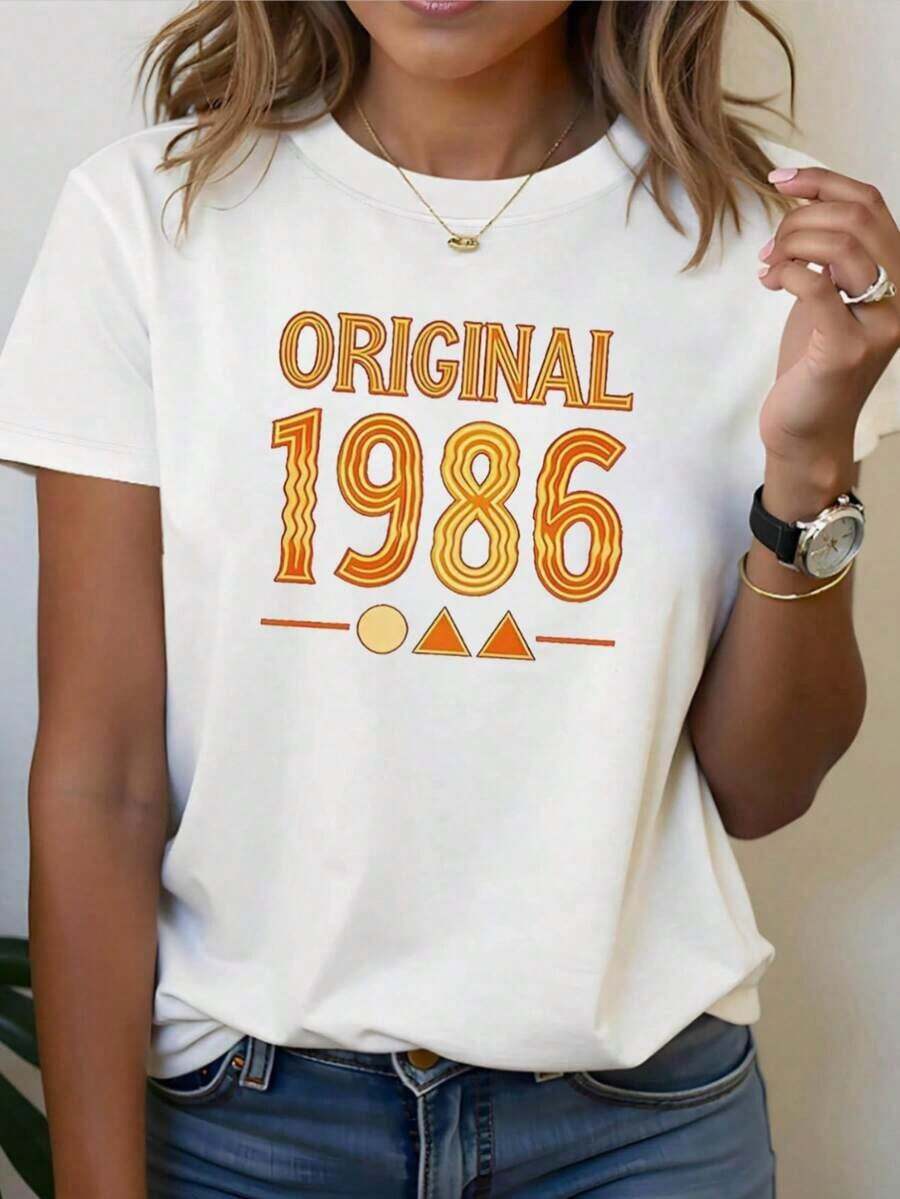 ComfortableCamiseta ORIGINAL 1986 con estampado de letras, manga corta y cuello redondo, top casual para verano y primavera, ropa de mujerFashion All-match Women's Short Sleeve T-shirt, Basic Style for Inner & Outer Wear - Blanco - Ver 1