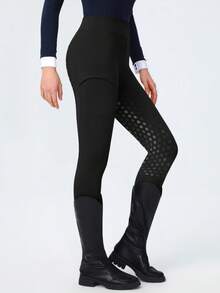 ROYALS MATTINI Women's Solid Color Equestrian Pants Tight Fit Silicone Grip Pocket Riding Breeches High Waist Tummy Control Full Seat Silicone Anti-Slip Sports - Black - View 5