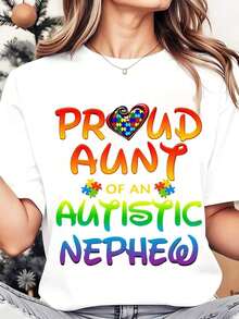 Camiseta de Cuello Redondo para Mujer, Tía Orgullosa de un Sobrino Autista, Estampado de Corazón con Rompecabezas de Arcoíris, Ropa Casual para el Día de Concientización sobre el Autismo, 220g, Playera Holgada para Mujer - Blanco - Ver 7