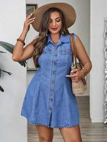 EMERY Mature Vestido vaquero de verano informal con botones delanteros y sin mangas para tallas grandes - Azul lavado medio - Ver 5