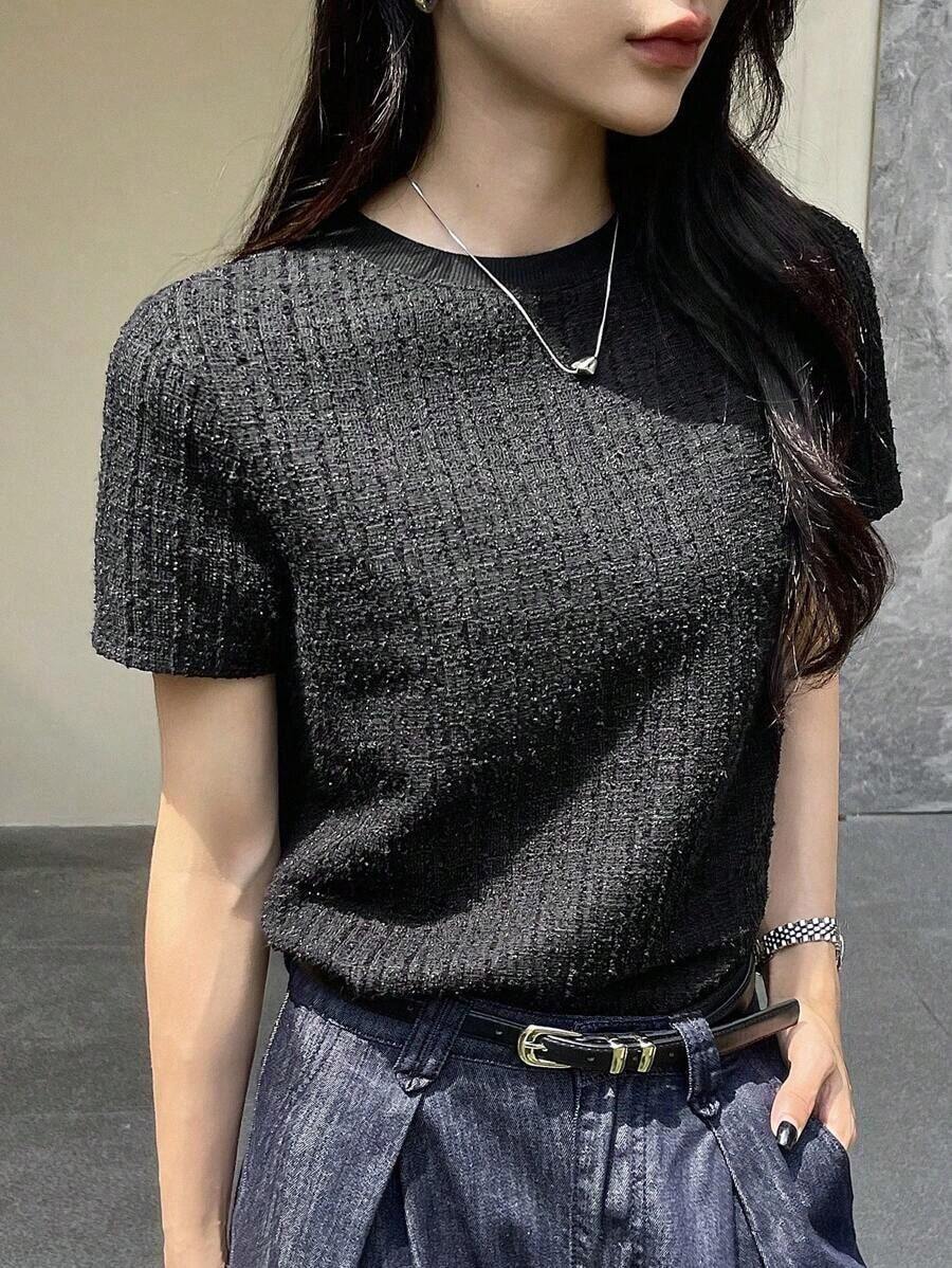 Camiseta De Mujer De Manga Corta A Cuadros - Negro 3 - Ver 1