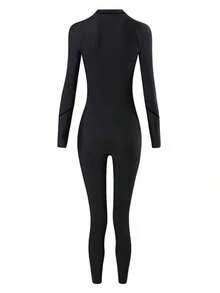 Traje de baño de una pieza deportivo con cremallera frontal y ribete de contraste de unicolor para vacaciones y playa - Negro 2 - Ver 9