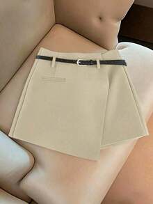 Pantalones con falda asimétrica de moda casual para ir al trabajo, pantalones cortos multifuncionales para mujer, pantalones con falda a juego sin cinturón - Caqui - Ver 7