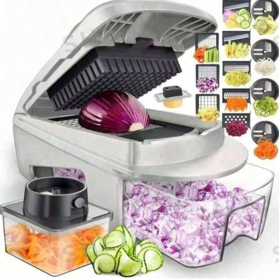 1pc Multi-Function Vegetable Chopper, For Slicing Onions, Carrots, Garlic And Other Ingredients, With Funnel And Collection Box, Suitable For Home And Restaurant Quick Chopping, Kitchen Tool And Accessory - White - View 1