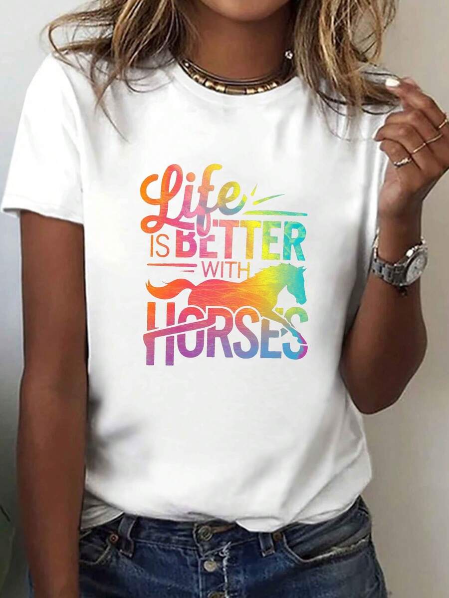 Camiseta de Mujer con Estampado de Caballos - Camiseta Casual de Manga Corta y Cuello Redondo, Estampado Geométrico de Caballos Brillantes, Elasticidad Media, Lavable aáquina, Adecuada para Todas las Temporadas, Perfecta para Primavera y Otoño, Ropa, Camiseta Divertida con Estampado de Letras - Camiseta Vintage de Estilo Urbano Unisex de Algodón, Manga Corta y Cuello Redondo - Blanco - Ver 1