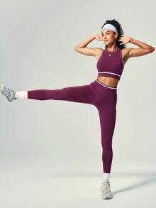 UONNOU Bộ đồ thể thao 2 mảnh không đường may dành cho nữ - Áo ngực thể thao phối màu + Quần yoga cạp cao nâng đỡ, phù hợp cho yoga, thể dục và chạy bộ. - Màu tím - Xem 9