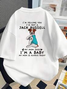 Camiseta estampada de manga corta con diseños en la parte delantera y trasera - Jack Russell Terrier, soy un bebé - Camiseta estampada de moda para mujer, primavera/verano, ¡tu mejor elecció - Blanco - Ver 2