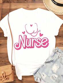 Camiseta de Enfermera con Diseño de Estetoscopio y Corazones para Enfermeras y Trabajadores de la Salud, Regalo para el Día de la Enfermera o San Valentín, 220g - Estilo Vintage Urbano, Unisex, de Algodón, Manga Corta, Cuello Redondo, 100% Algodón - Blanco - Ver 4