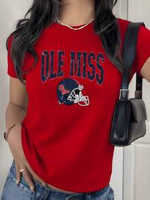 Vintage Football Helmet Graphic Print T-Shirt, 180g, 1 Piece, Retro Sports Theme, Women's Casual T-Shirt 100% Cotton, Streetwear Style - 紅色 - 查看 9