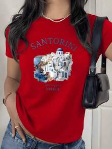 Camiseta con Estampado Gráfico de la  de Santorini, Grecia, 180g, 1 Pieza, Verano, Vacaciones, Casual para Mujer, 100% Algodón, Estilo Playa y Viajes - Rojo - Ver 9