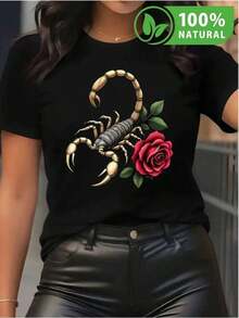 Playera negra con estampado de escorpión y rosa roja México  2023 camiseta primavera verano unisex estilo casual diseño original regalo perfecto moda urbana única combinable cualquier ocasión - Negro - Ver 1