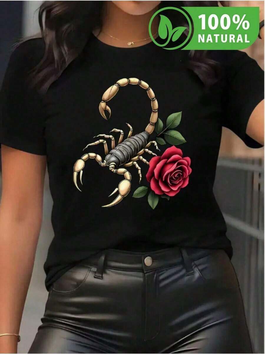 Playera negra con estampado de escorpión y rosa roja México 2023 camiseta primavera verano unisex estilo casual diseño original regalo perfecto moda urbana única combinable cualquier ocasión - Negro - Ver 1