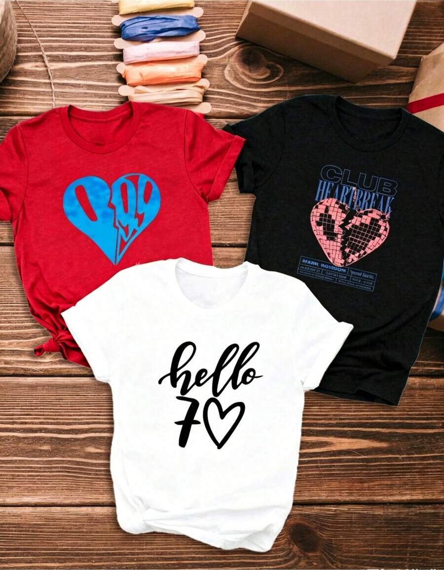 3 piezas/set de camisetas de manga suitable for streetwear, Top oversized cuello redondo daily outings, camping, concerts, hip-hop, rock, and rap events: Camiseta casual de manga corta para mujer de una pieza con estampado de corazón, estampado de "club heartbreak", estampado de "hello 70", camiseta de manga corta con cuello redondo para mujer, top deportivo casual transpirable de algodón puro, regalo para vacaciones, mariposa de primavera, Pascua. - Blanco - Ver 1