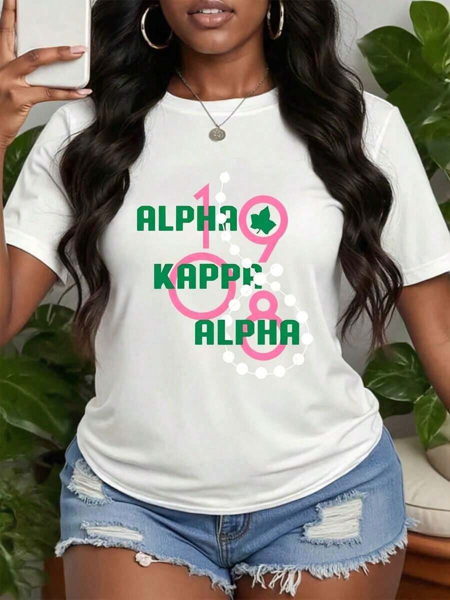 Camiseta de Algodón Estilo Vintage con Estampado de Eslóganes de Lisboa, Camiseta AKA Pretty, Camiseta AKA Sorority para Mujer, Camiseta de Cuello Redondo, Camiseta con Letras Coloridas, Camiseta con Patrón Decorativo AKA, Camiseta con Letras Gruesas, Tela Lavable a Máquina para Uso Diario en Verano. - Blanco - Ver 1