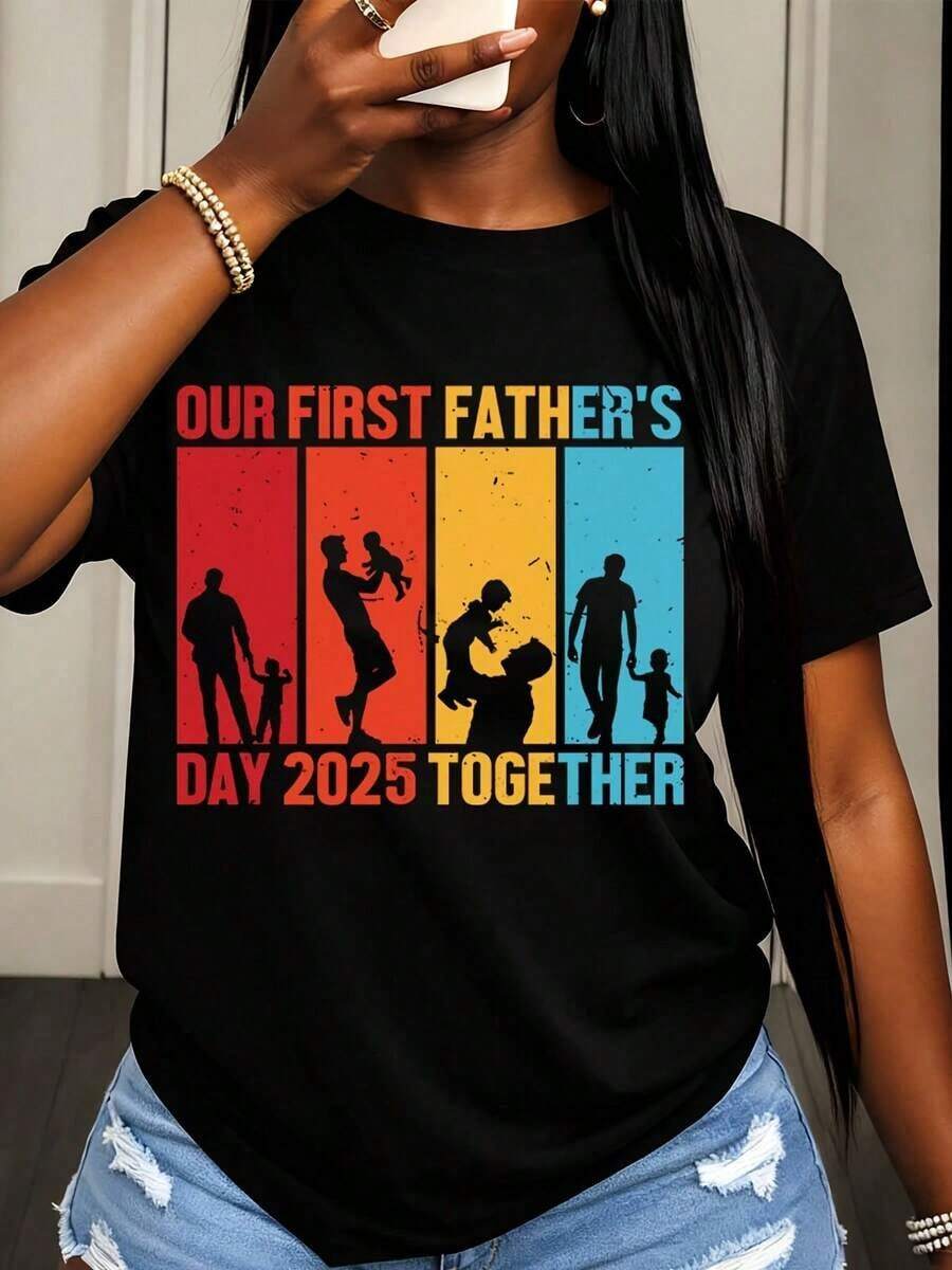 Camiseta de Mujer: Nuestro Primer Día del Padre 2025, Diseño de Silueta Familiar para Celebración de la Paternidad y Momentos Familiares - Negro - Ver 1