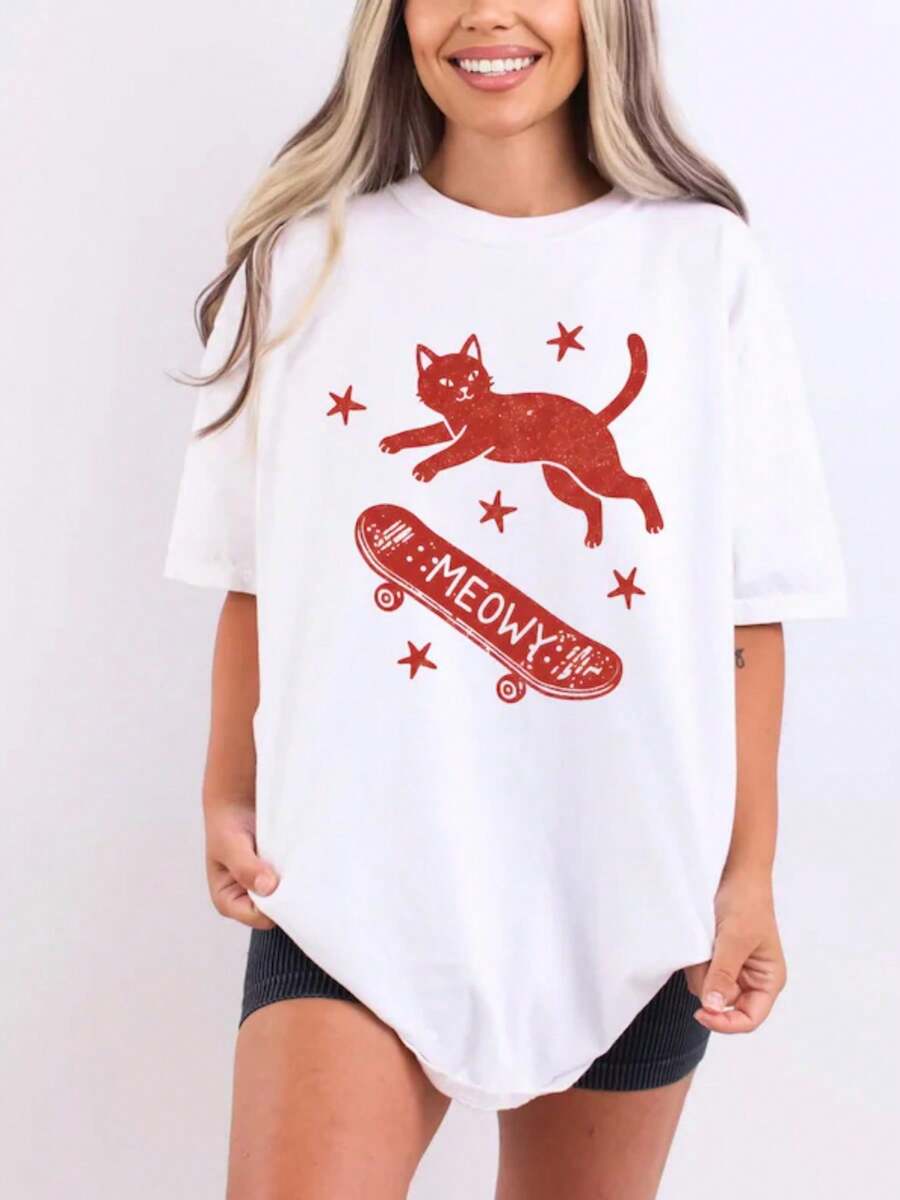Camiseta Premium con Cuello Redondo de Skateboard Cat MEOWY, Regalo Divertido y Original, Estilo Lindo para Uso Diario, Ecológica - Blanco - Ver 1