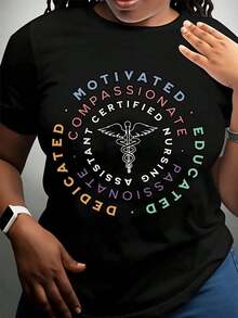 1 camiseta de asistente de enfermería certificado, dedicado, compasivo, motivado, apasionado y educado, 180g 100% algodón. - Negro - Ver 2