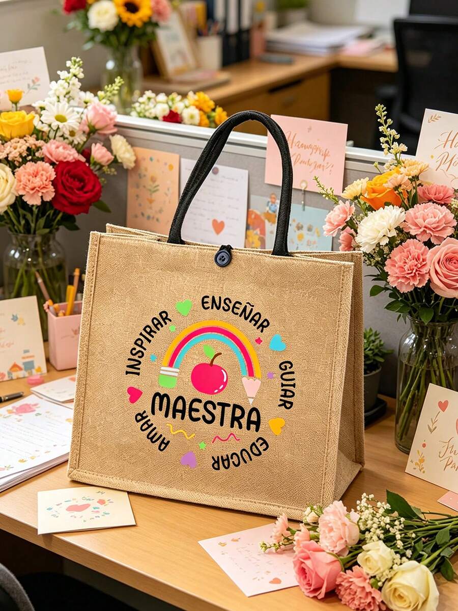 教師主題亞麻托特包套組,蘋果與鉛筆卡通圖案「Maestra」大容量購物袋,多功能亞麻托特包,教師感謝禮物,女款亞麻大容量托特包。新穎設計便攜休閒收納肩背包。便攜化妝收納盒,適用於學校用品、化妝品和文具。適合姐妹的完美禮物,優秀教師禮物,生日禮物,週年紀念禮物,畢業禮物,創意教師禮物,教師節禮物 - 彩色 - 查看 1