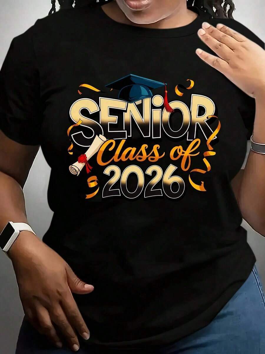 100% algodón, Camiseta de Mujer, Camiseta de Graduación de la Clase Superior de 2026 con Diseño de Birrete y Diploma para Celebración de Graduación. - Negro - Ver 1