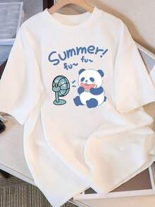 Camiseta Casual de Manga Corta para Mujer - 100% Algodón, Corte Holgado, Cuello Redondo, Estampado de Panda "Diversión de Verano" - Transpirable, Lavable a Máquina, Adecuada para Uso Diario. - Blanco - Ver 7