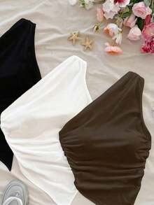 3 piezas de blusas de hombros asimétricas con bajo asimétrico en colores surtidos negro, marrón y caqui, aptas para el verano - Multicolor 4 - Ver 5