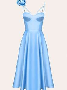 Vestido midi estilo francés de gama alta, tirantes con calados sensuales y flores tridimensionales, vestido de gala moda euroamericana - Azul - Ver 7