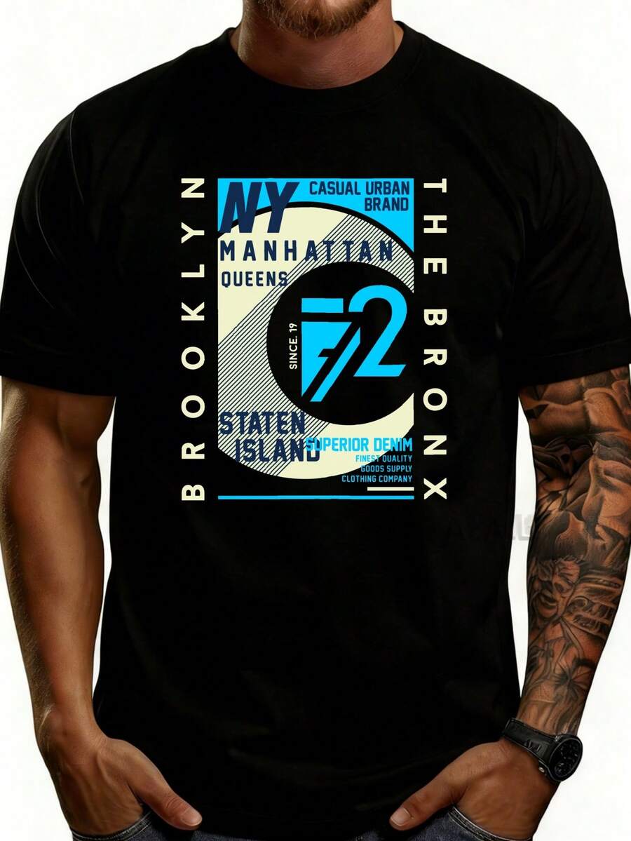 Men's Casual Urban Style T-Shirt With New York City Borough Graphic Design, Summer And Spring Clothing, Gift For Men Who Love New York Culture - 黑色 - 查看 1